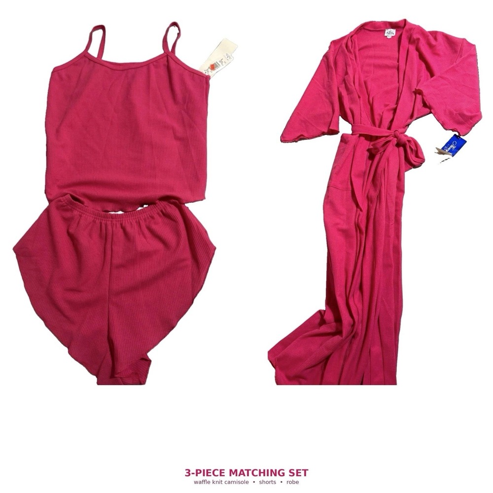 Nancy King Lingerie Pink Terrycloth 3pc Robe Cami Shorts Set Women's S